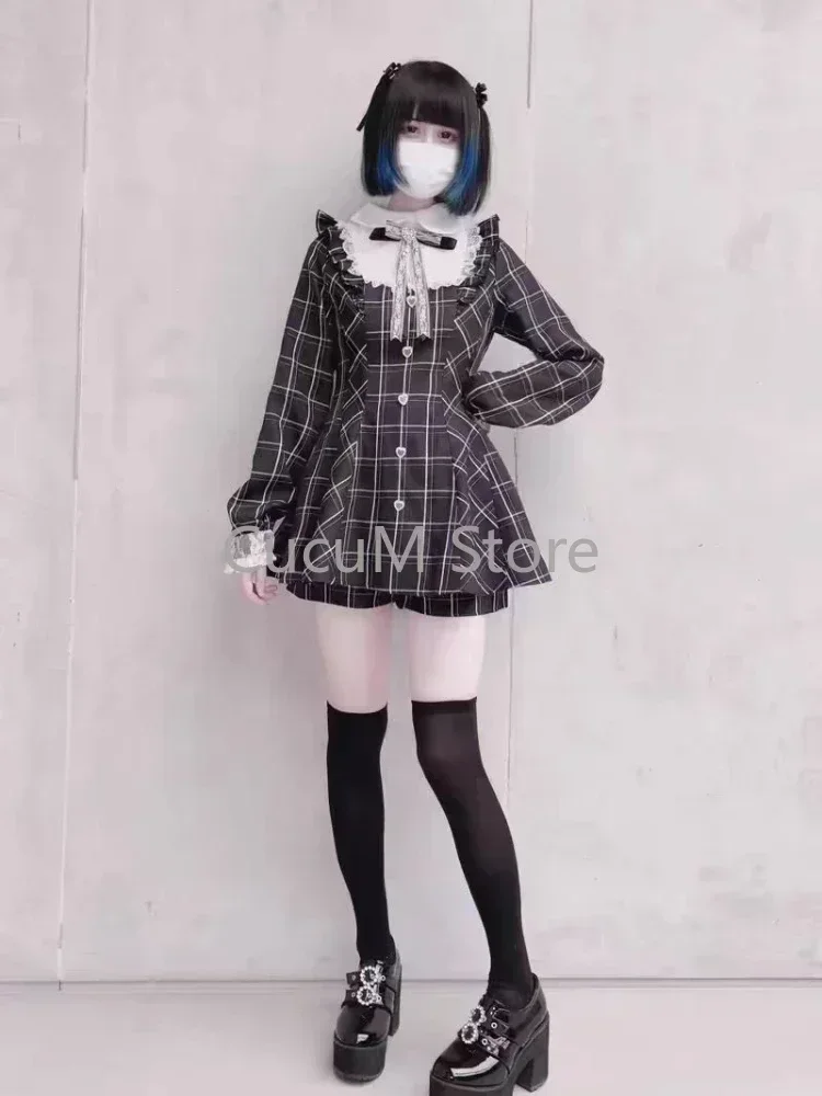 Japanese Sweet Vintage Plaid Dress Women Evening Party Clothing Long Sleeve Lolita Vintage Y2k Mini Dress Korean Fashion Chic