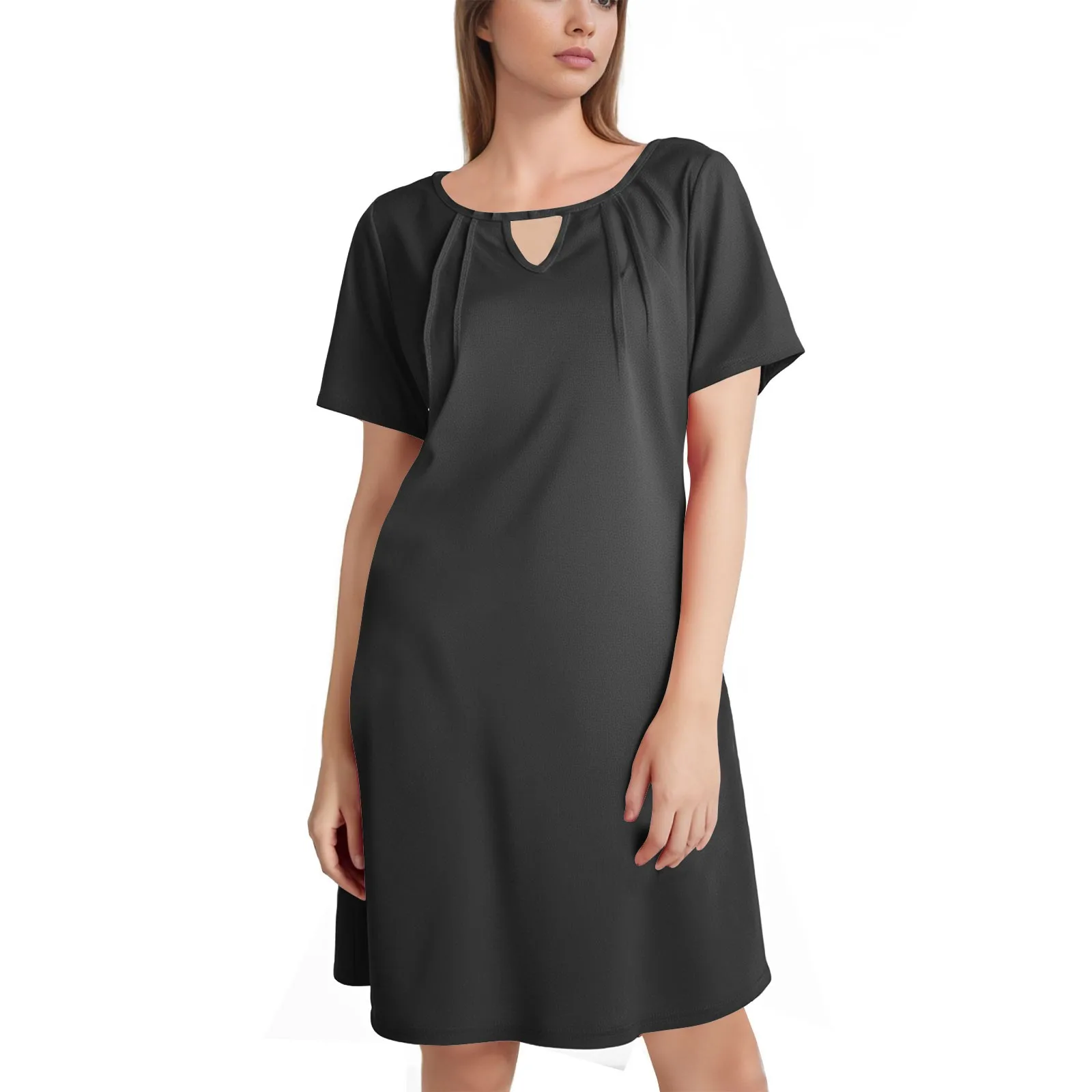 Casual Loose V-neck Dress Summer Women's Loose Dresses Female Short Sleeve Mid-length T Shirt-dress Solid Color