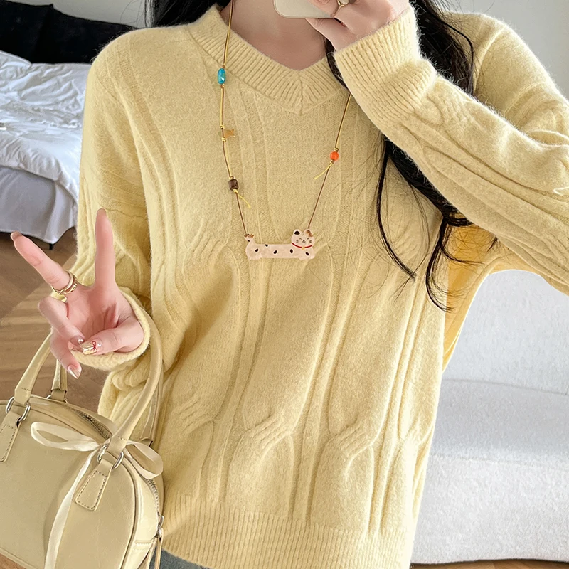 Pull torsadé Vintage à col en v pour femme, manches longues, coréen, décontracté, ample, bas, nouvelle collection automne hiver 2025