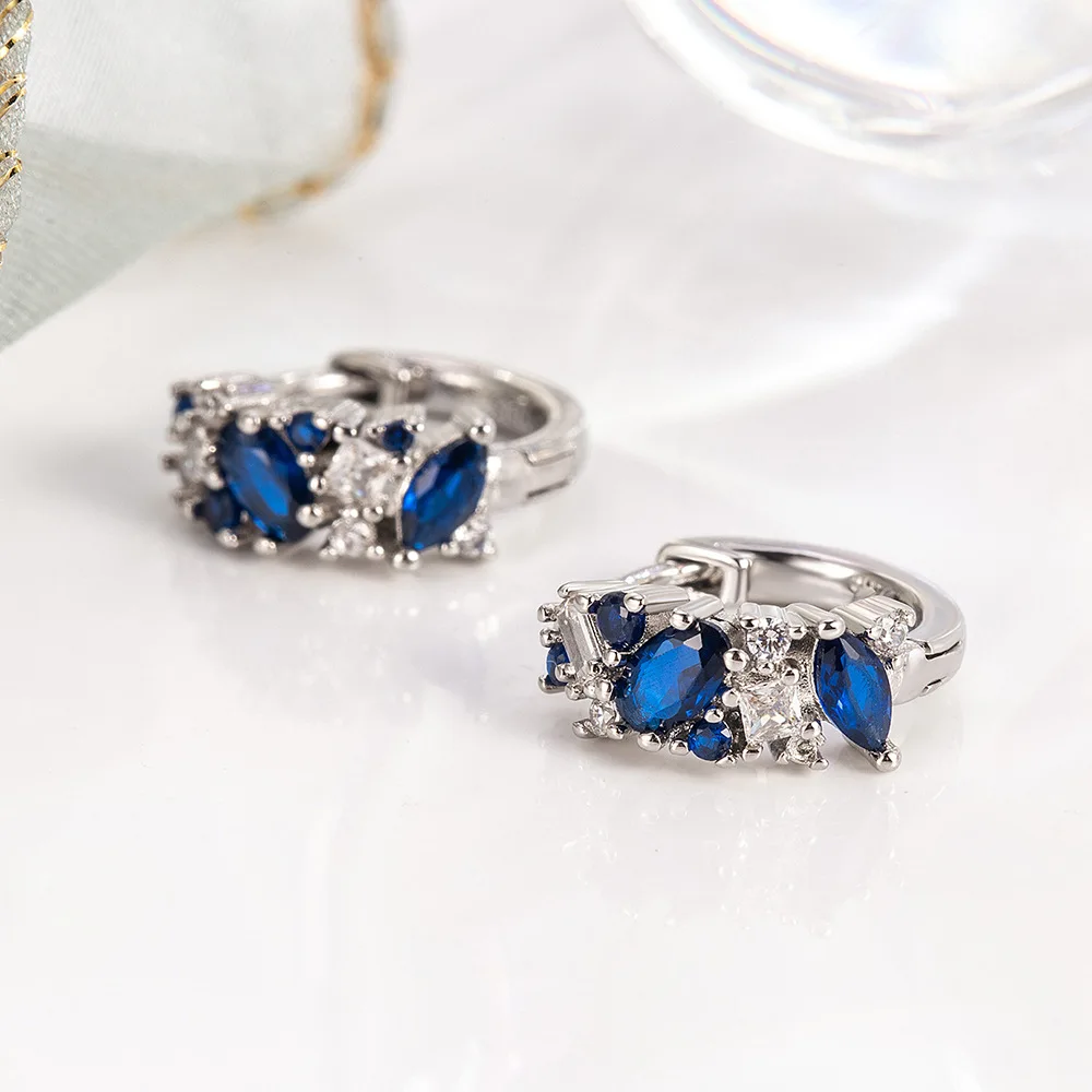 

925 Sterling Silver Blue Zircon Geometry Stud Earrings Piercing Luxury Quality Jewelry For Woman Wholesale Prevent Allergies