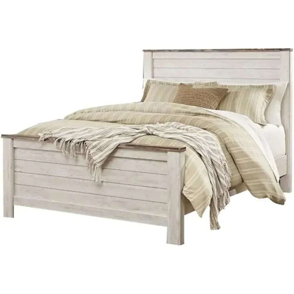 Queen Size Panel Bed with Headboard, Footboard in Wood, in White, No Box Spring Needed, Easy Assembly