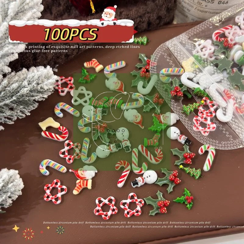 100Pcs/Set 3D Snowman Elk Christmas Nail Charms Sock Resin Nail Art Decoration For Nail DIY Crafts Hair Jewelry Kid Gift