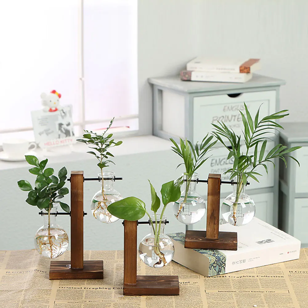 Creative Hydroponic Plant Glass Container Transparent Vase Wood Frame Design Home Living Room Desktop Decoration
