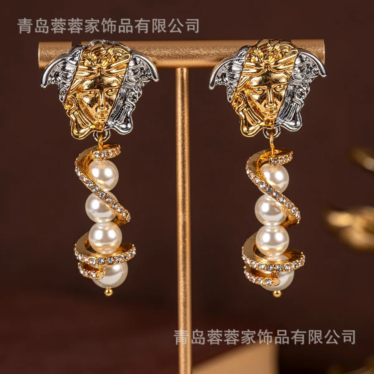 vintage Medusa lava pleated pearl earrings statement fashion Geometry earrings