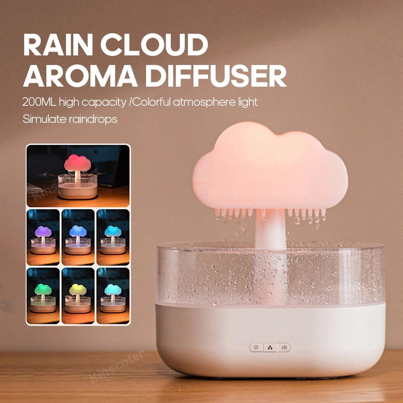 

Rain Air Humidifier Electric Aroma Diffuser Rain Cloud Smell Distributor Relax Water Drops Sounds Colorful Night Lights