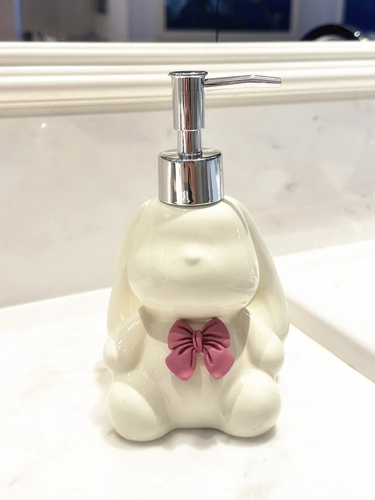 WHYOU-Creative Ceramic Cute Rabbit Liquid Soap Dispensers, Body Wish Shampoo Emulsion Bottle, Latex Bathroom Accessories Set