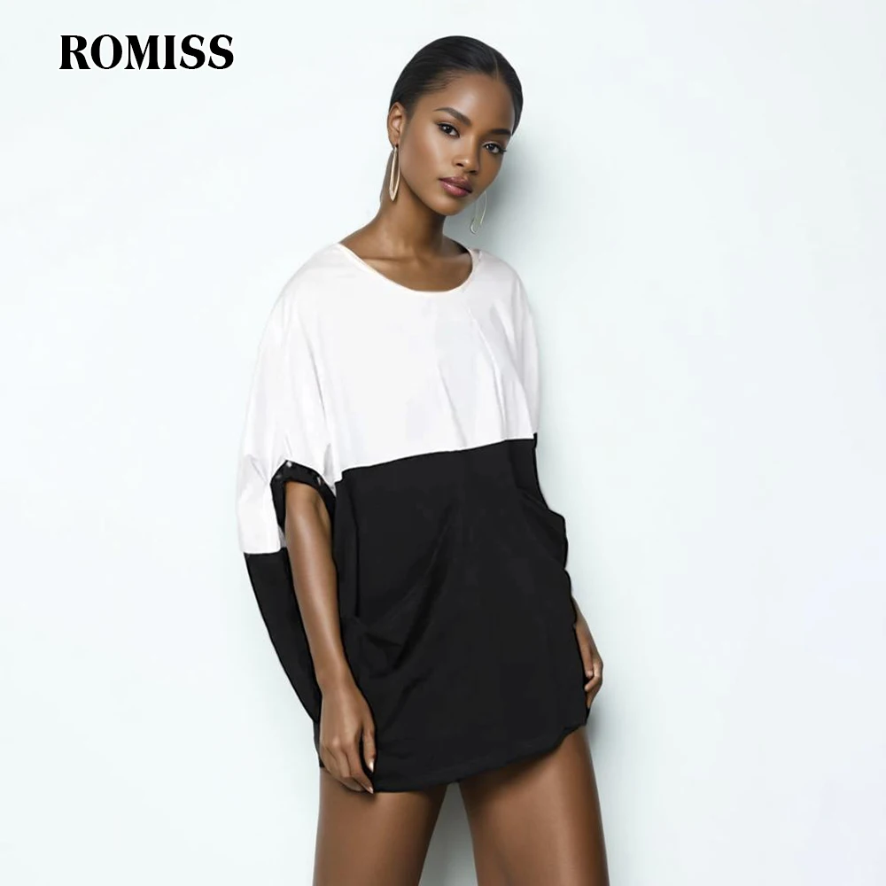 

ROMISS Autumn Clothing Fashion T Shirt For Women Round Neck Long Sleeve Patchwork Minimalist T Shirts Female Casual 2024 New