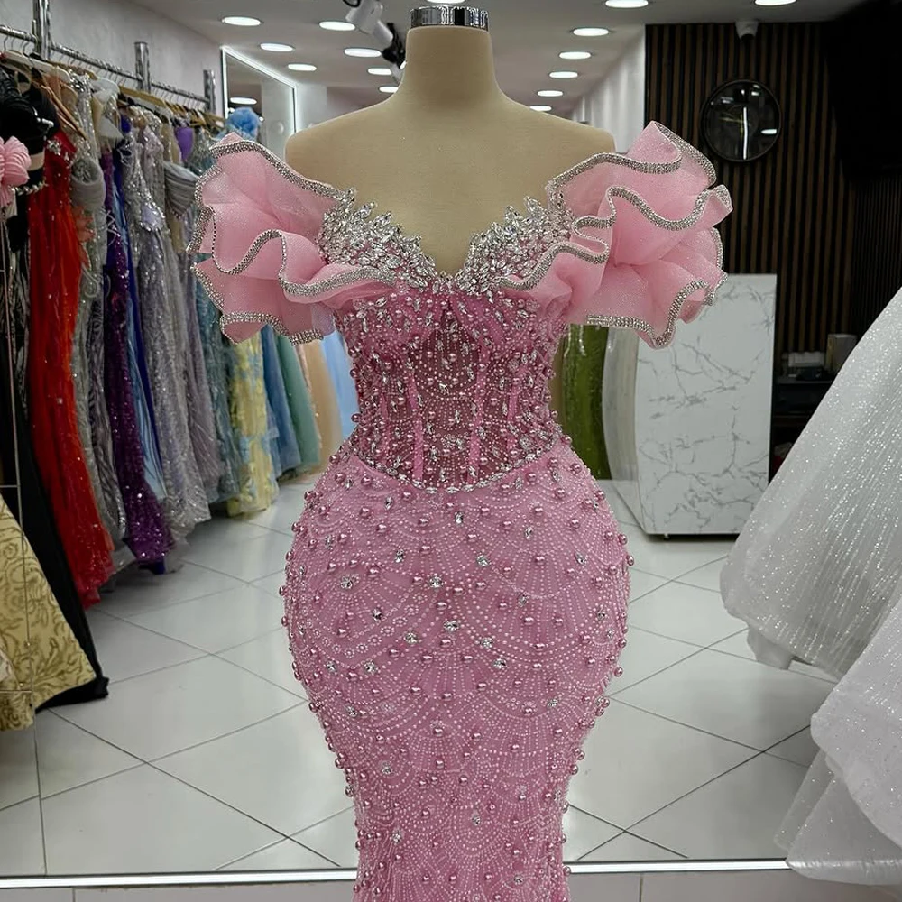 Abito da sera con perline rosa monospalla design onda di cristallo pieghe abito a sirena occasioni formali come banchetti palle