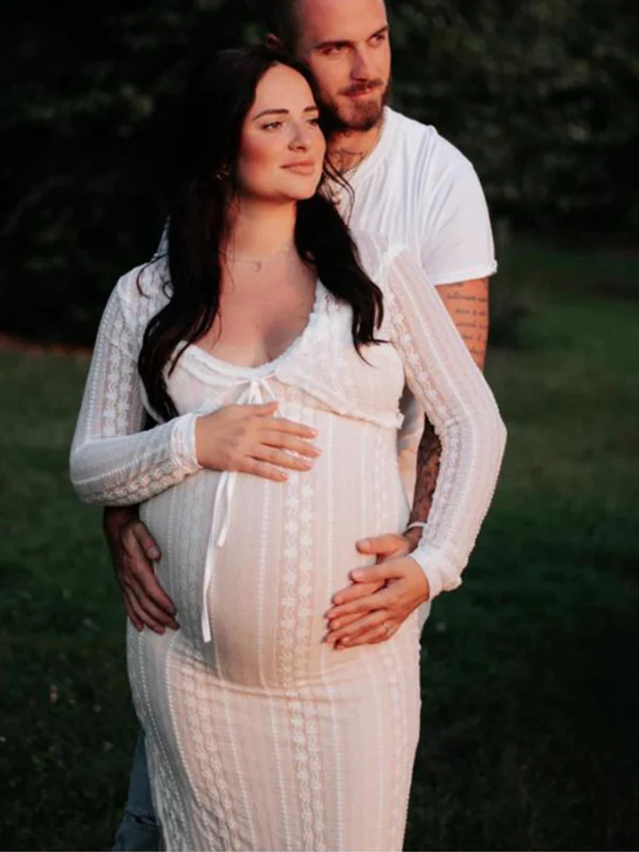 2025 Elegant Maternity Dress Photoshoot Adjustable Lace Gown for Baby Shower Prenatal Photography Two-piece set