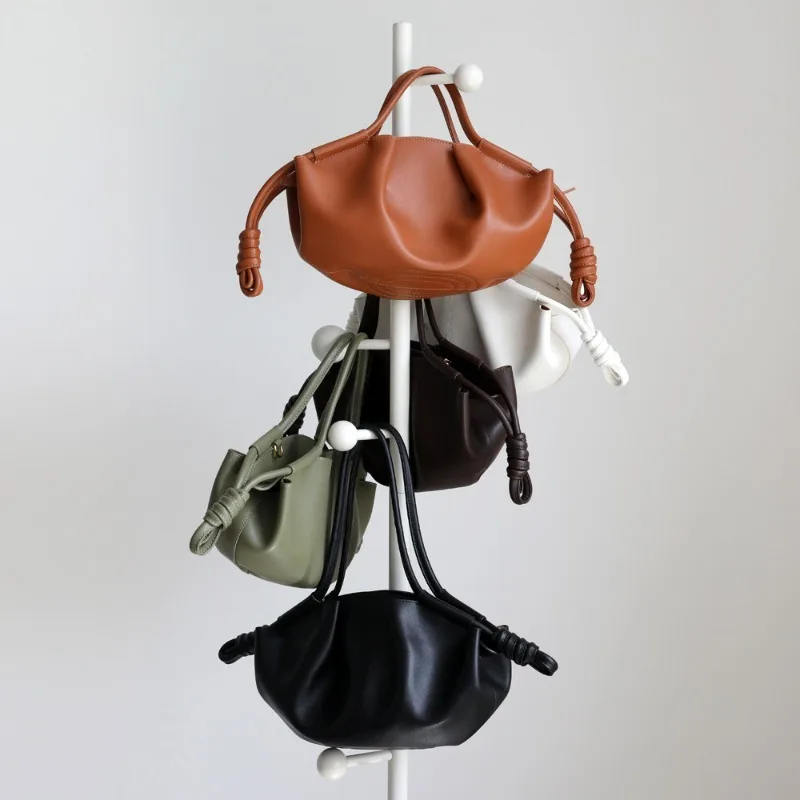 

Women Genuine Leather Drawstring Pleated Cloud Bag Luxury High-End Texture Versatile Shoulder Crossbody Top Handle Daily Handbag