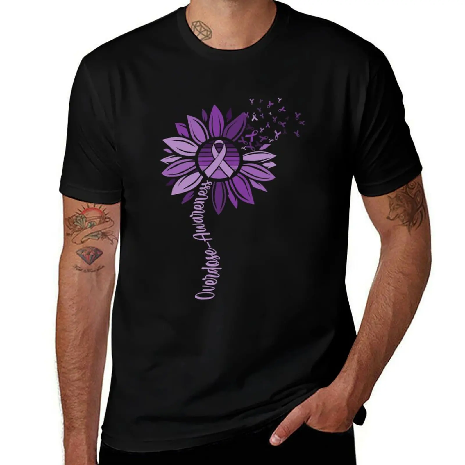 

Sunflower Overdose Awareness Purple Ribbon T-Shirt anime tshirt t shirt for man 100 percent cotton