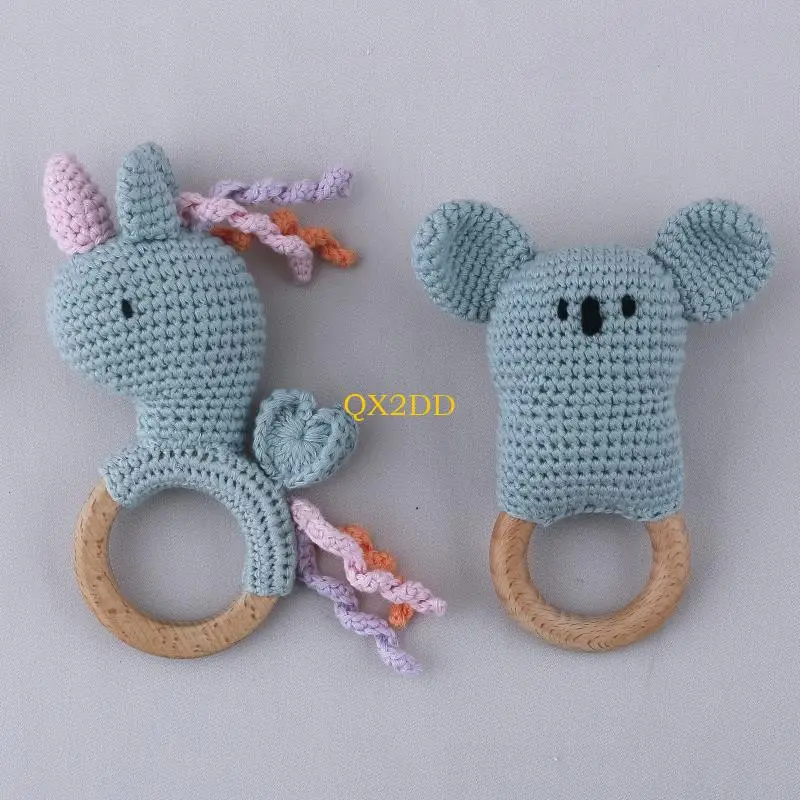 QX2D Baby Teether Crochet Crochet Animal Cratsles Beech Wooden Bracelet Bracelet Ring for Newborn BPA Bath Toy Toy