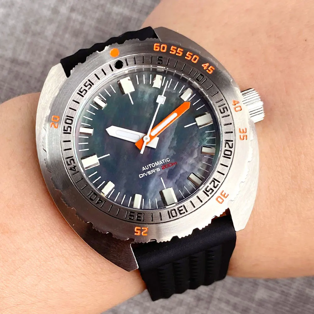 S NH35 Tandorio Diver Selfwinding Mechancial Watch Men MOP Dial Orange Hand Steel 200m Waterproof 42mm Swim Clock Sapphire Glass