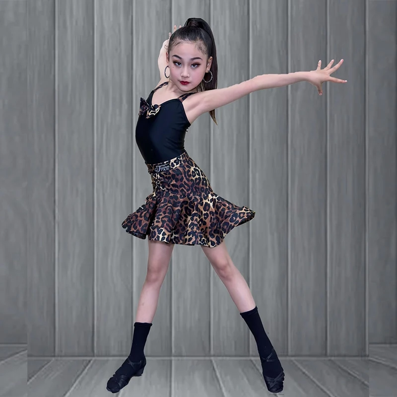 Latin Dance Dress Girls Brown Leopard Print Suspender Set Samba Rumba Salsa Performance Wear Kids Training Team Uniform VBH1340