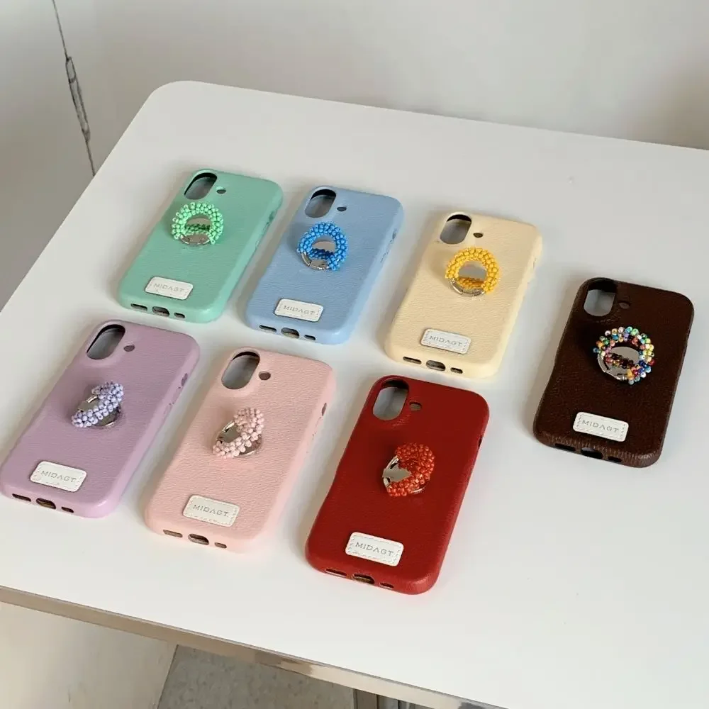 

Advanced Solid Color Lichee Pattern Leather Colored Beads Finger Ring Holder Phone Cover Case for IPhone 17 16 15 14 13 Pro Max