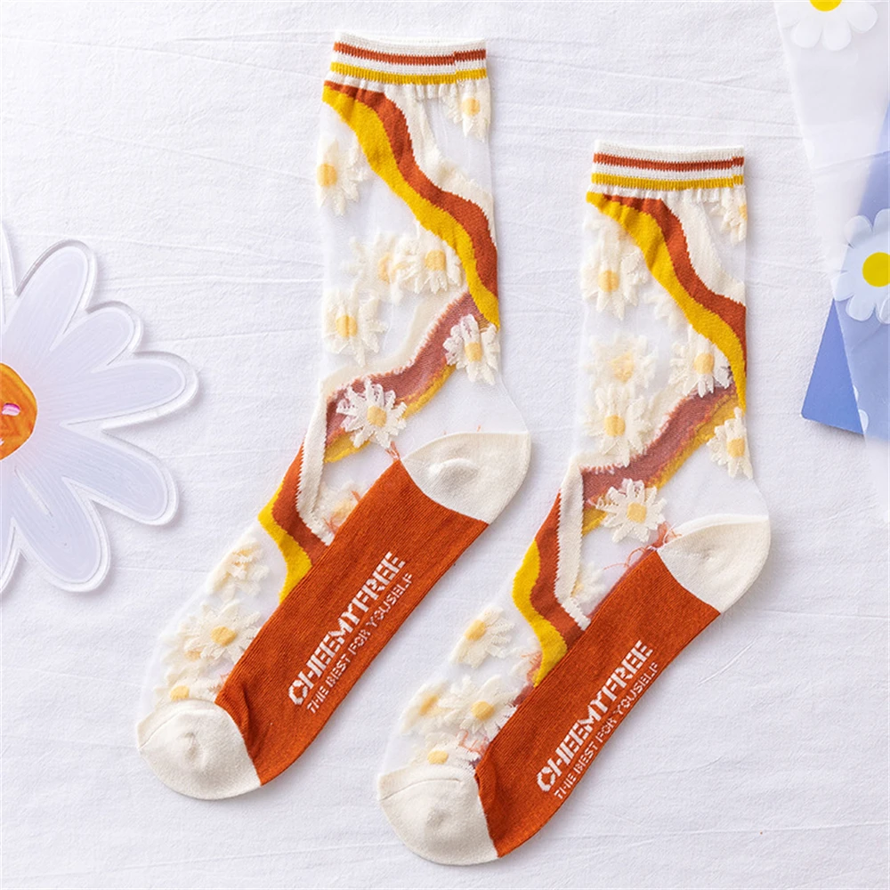 شيك الصيف السيدات منتصف أنبوب الدانتيل الربط القطن شبكة تنفس رقيقة الزجاج الحرير كريستال ليتل زهرة الكرمة الجوارب دروبشيب