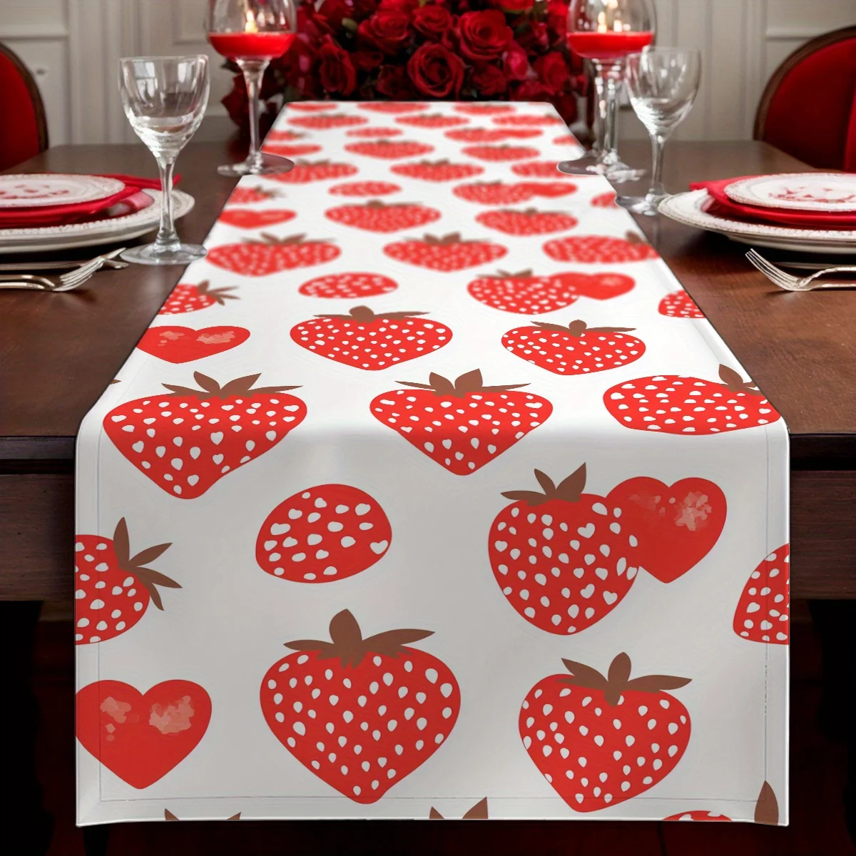 1 Piece Valentine's Day Heart-Shaped Strawberry Fruit Leaf Table Runner, Suitable for Dinner Parties, Holiday Parties, Family Gatherings, Children's Activities, Themed Cafes, Home Decoration, Christmas Markets, Cozy Tea Parties