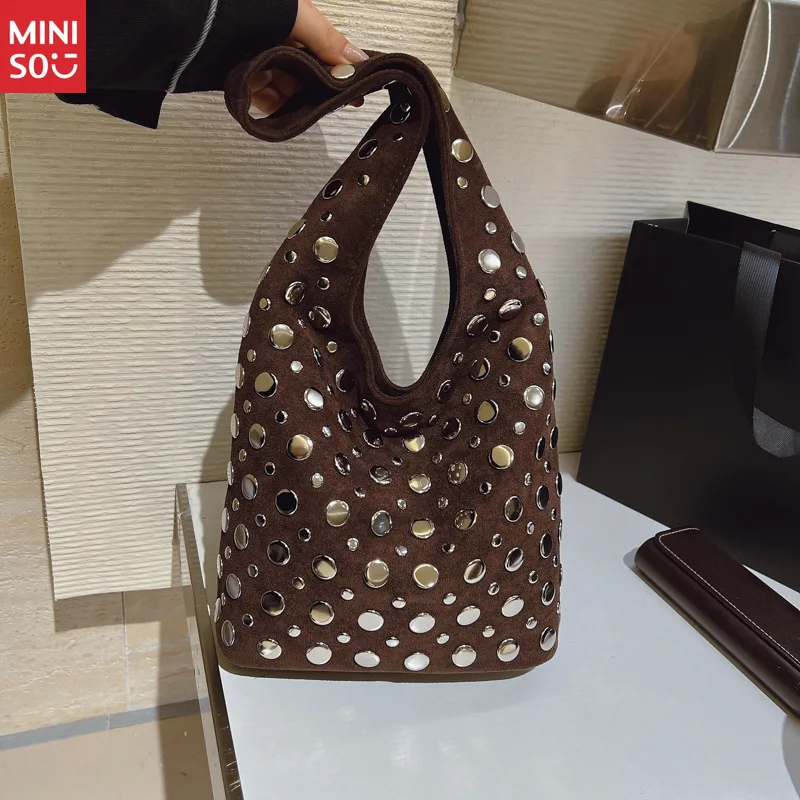 Miniso Punk Style Embellished Double-Faced Round Rivet Inlaid Niche Luxury Bucket Bag Chic Lady Underarm Large Capacity Shoulder
