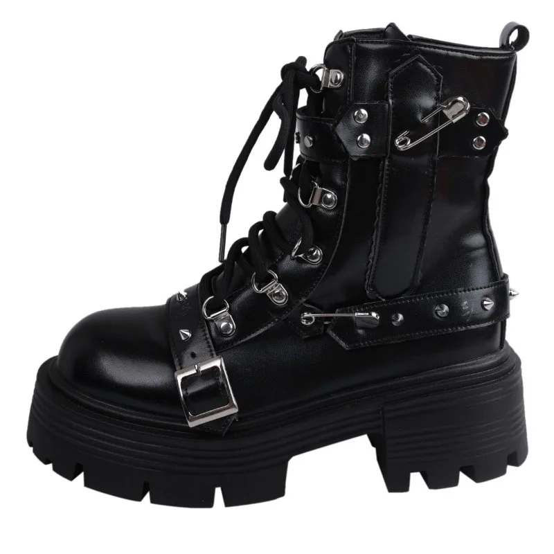 2024 New Women\'s Rivet Chain Design Short Boots Gothic Shoes Street Fashion Lady Rock Boots Metal Decor Punk Style Women Shoes