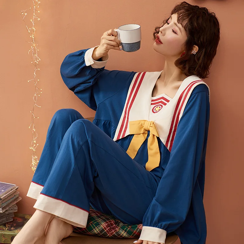 Women Pajamas Sakura Sailor Collar Long Sleeve Tops Pants Anime Pijama Set Ladies Nightwear Girls Home Suit Kawaii Pyjama