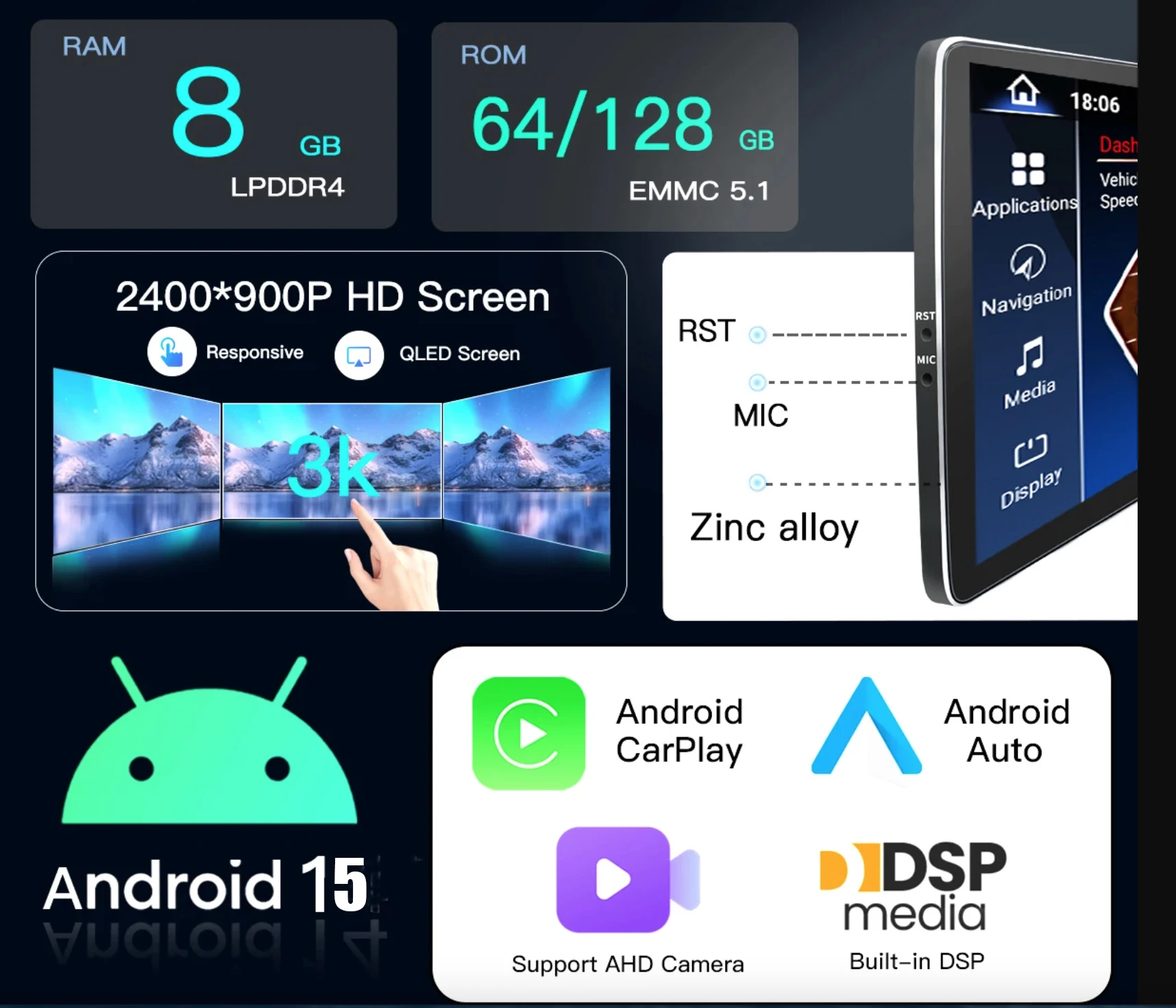 12.8“HD 2400X900 Wireless Carplay Android 15 Car Multimedia Screen for BMW X5 E70 X6 E71 E72 CCC CIC Radio GPS 4G Wifi DSP