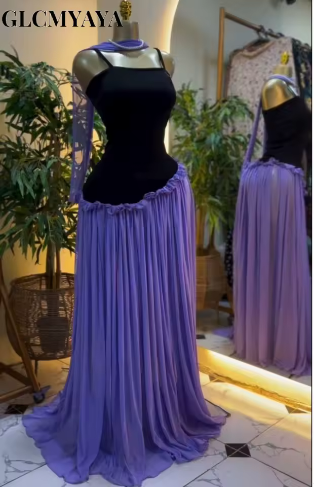 GLCMYAYA Women Sleeveless Strap Patchwork Ruffles A-line Long Dress with Scarf 2026 Street Beach Evening Birthday Party Dresses - AliExpress 