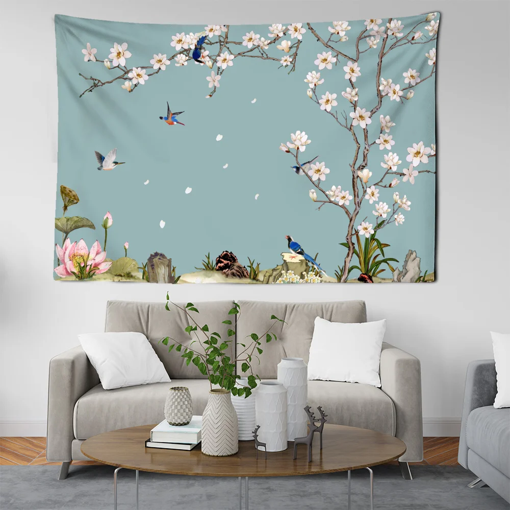 

Tapestry Of Birds Playing In Spring Flower Branch Lively And Cute Style Simple Color House Wall Decoration Textile Products