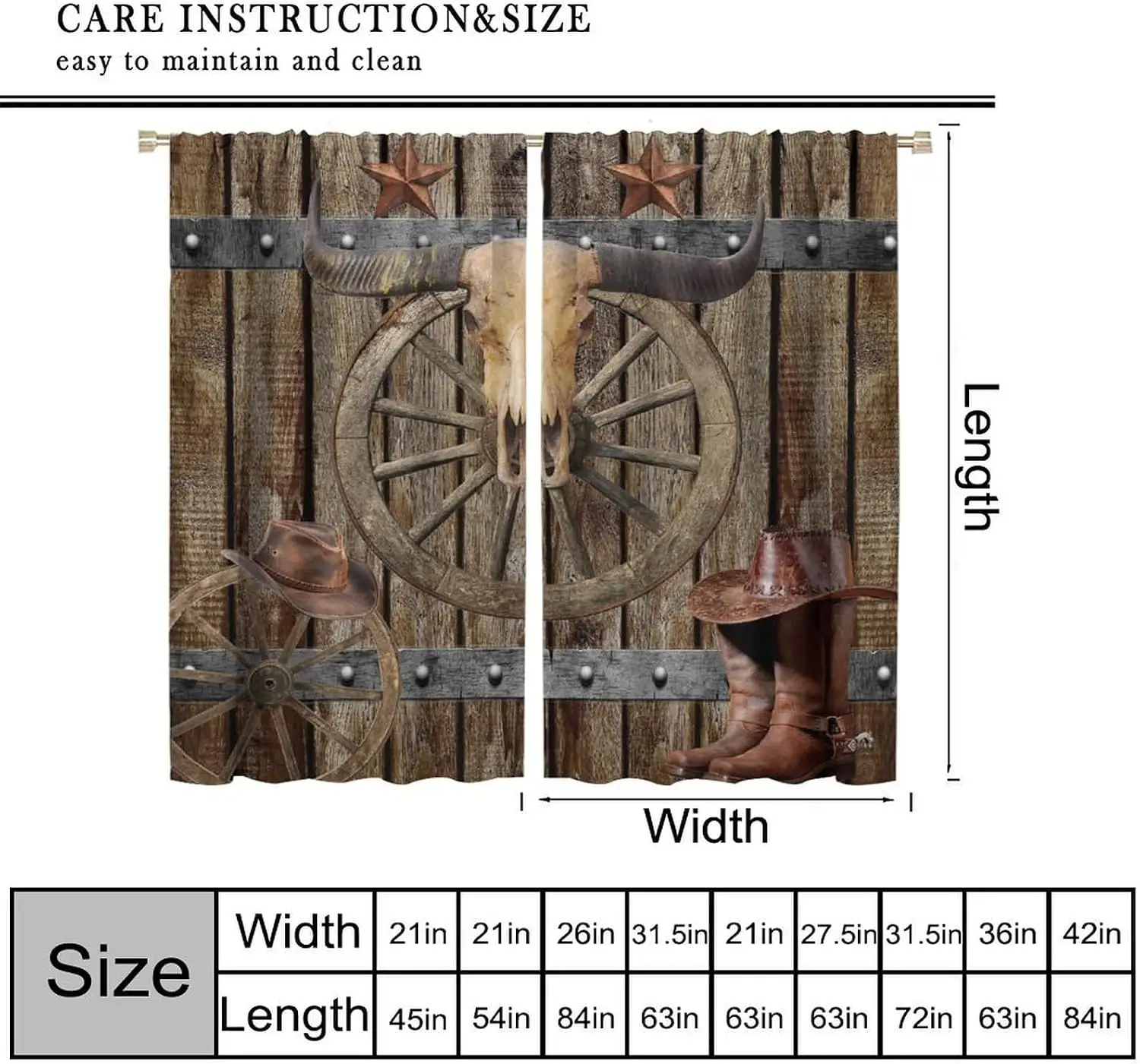 Western Cowboy Wood Curtain Panels, Bull Skull Wheel Hat Boot Rustic Vintage Wild West Print Drapes for Teen Boy Bedroom Decor