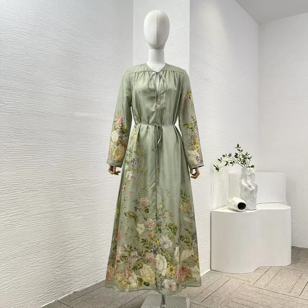 Elegant Light Green Floral Print 2024 New Arrivals Silk High Quality Long Sleeve Lace-up Midi Dress for Women