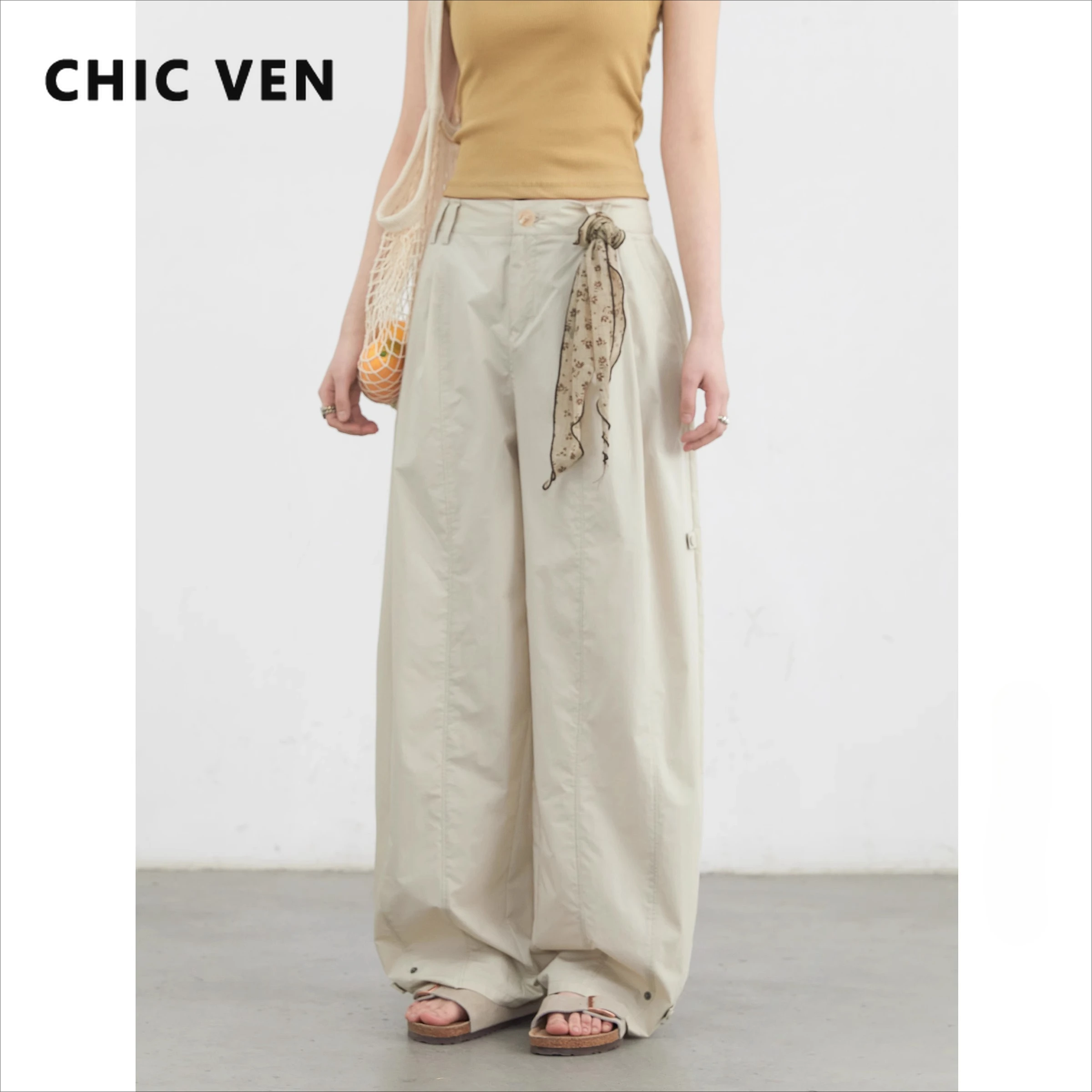 

CHIC VEN Women's Pants Solid Loose High Waist Slim Wide Leg Trousers Casual Thin Female Sport Pant Spring Summer 2025