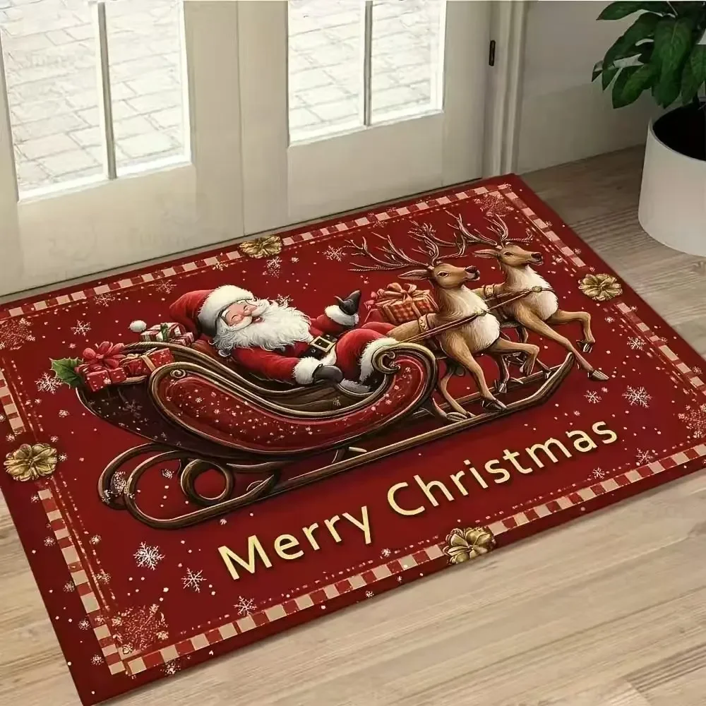 VIKAMA Santa Claus Sleigh Doormat for Front Door, Soft Crystal Velvet Welcome Mat, Non Slip Anti Fatigue Door Rug Indoor Outdoor