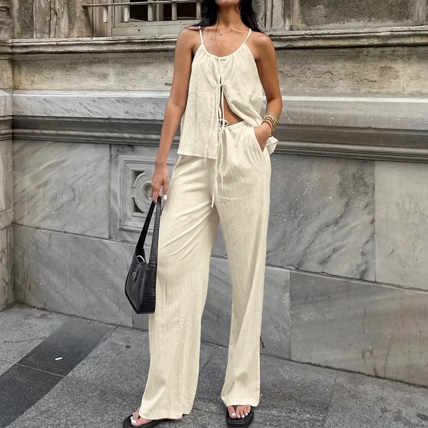 

2025 summer new design casual lace-up top high waist casual wide-leg pants two-piece set women's fashion club clothing Vestidos