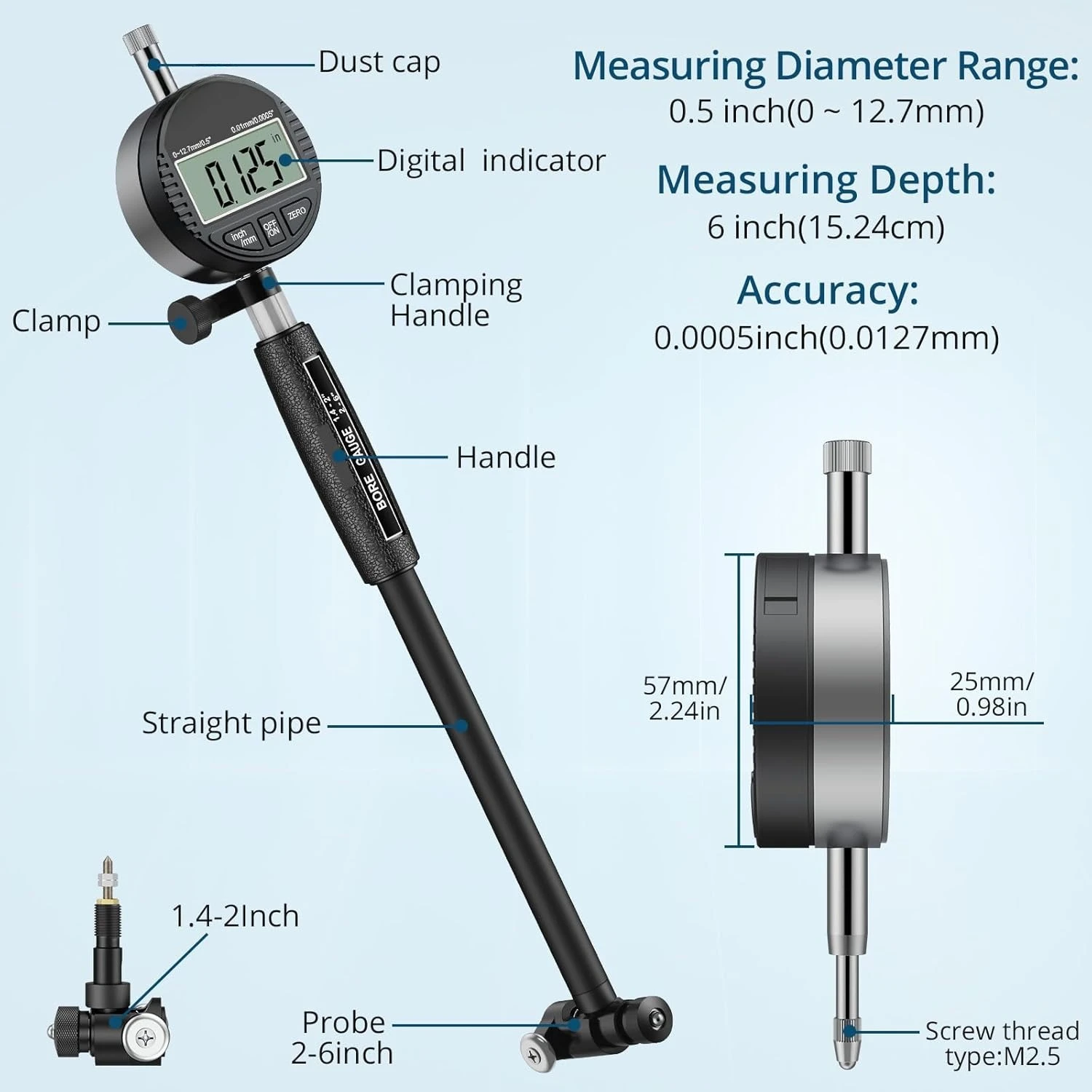 

Dial Indicator Bore Gauge with 1.4"-6"/0.0005" Measuring Range Dial Bore Gauge Set with 15PCS Anvils & 6" Measuring Depth