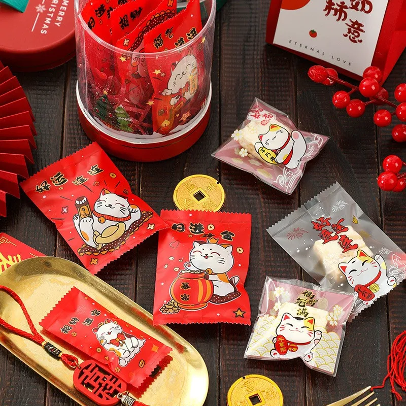 100 Bolsas de Regalo Selladas para Galletas y Dulces con Diseño de Gato de la Suerte y Copos de Nieve para el Año Nuevo Chino 2026