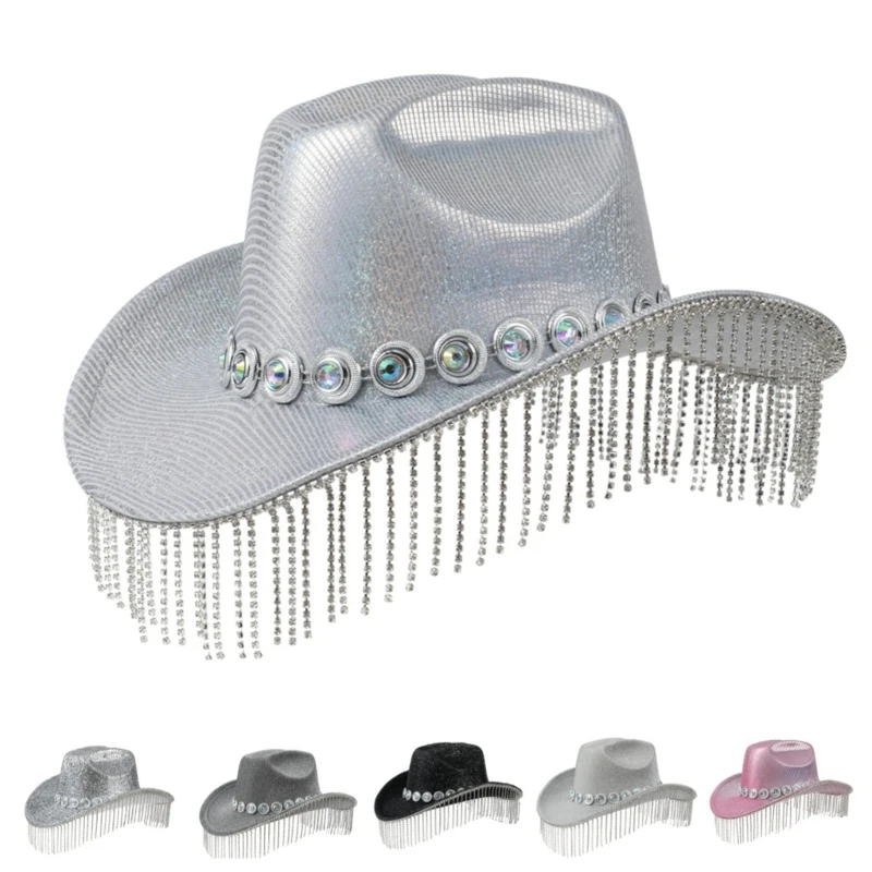 

Adult Sequins Cowboy Hats with Diamond Fringes Woman Western Cowgirl Cowboy Hats Model Show Performances Photography Hat