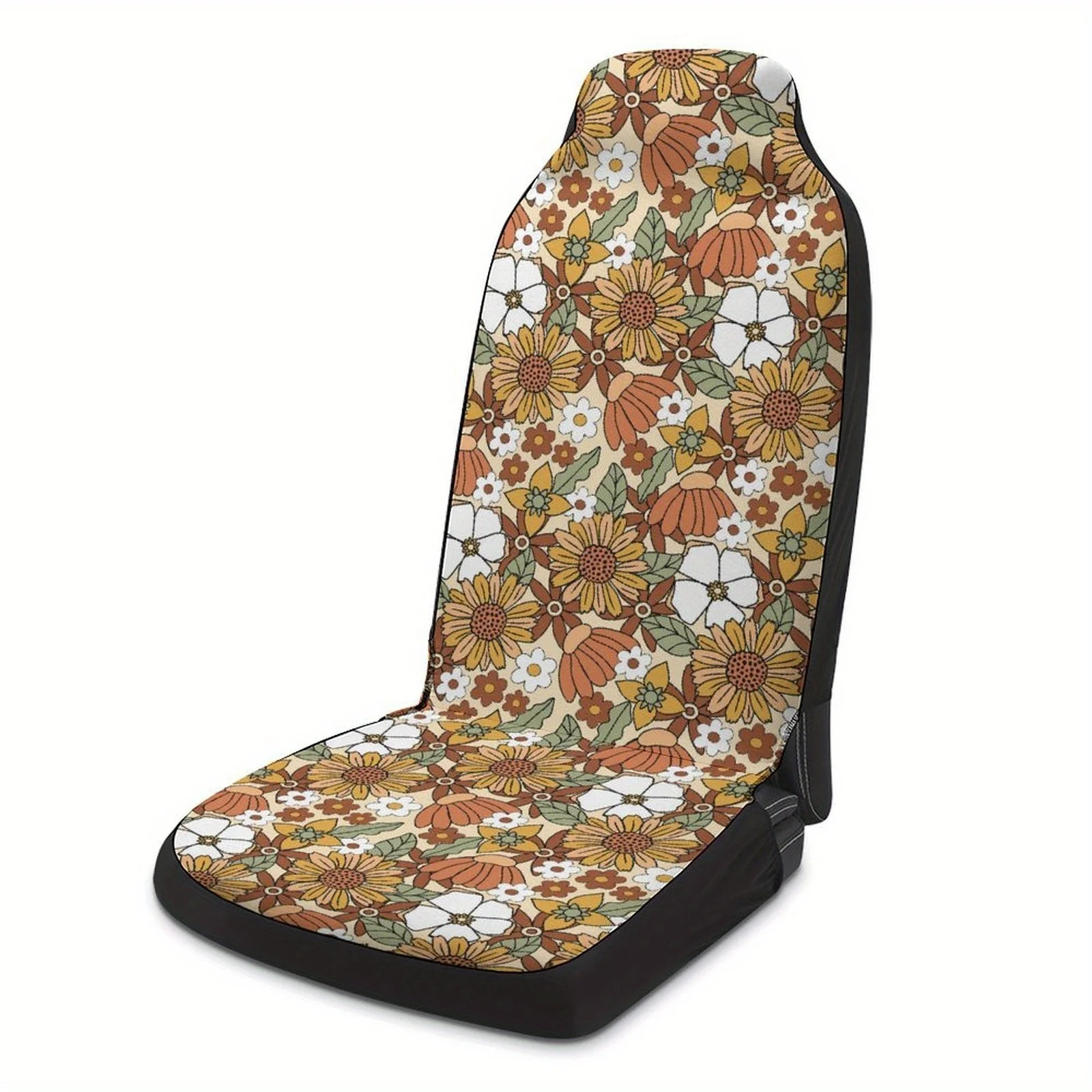 2pcs Casual Small Yellow And White Floral Print Car Interior Seat Covers, Breathable And Non-Slip, Front Car Seat Covers