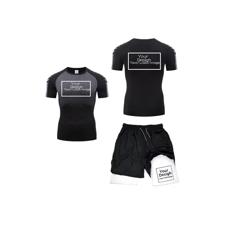 Men's Custom Printed Compression Set Your Design Logo Gym Shirt +Workout Shorts Quick Dry Breathble Athletics Rashguard Suits