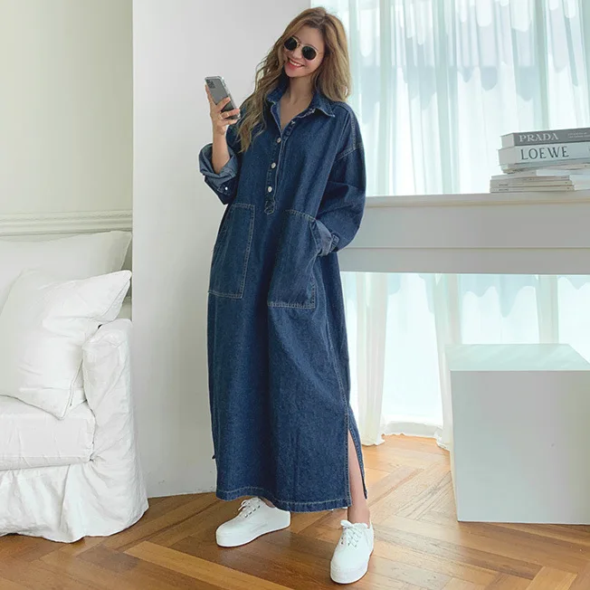 Long Dress Women Denim Dresses Turn Down Collar A Line Vestidos Maxi Mom Jeans Streetwear Casual Loose Y2k Summer 2025 Party - Image 5