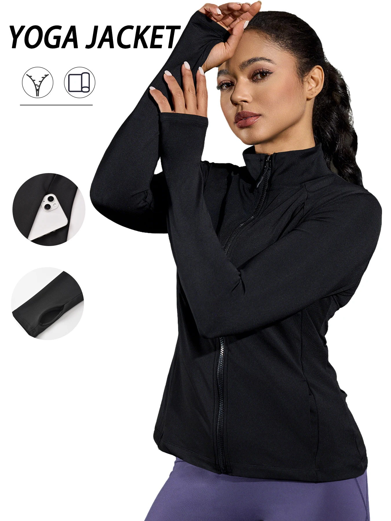 

Женская куртка для бега для йоги на молнии с отверстиями для большого пальца идеально подходит для пеших прогулок и многого другого