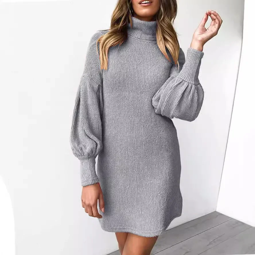 Solid Color Screw Thread High Neck Lantern Sleeve Knitted Dress, Women's Hip Wrap Sweater Dress, Autumn and Winter, Vestidos