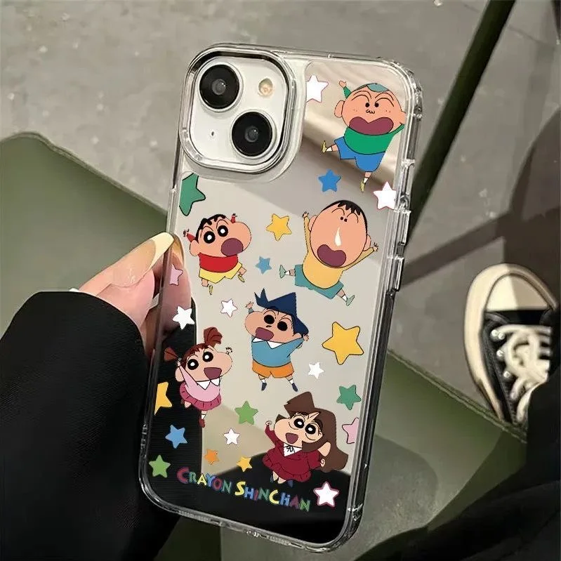 

Cartoon Cute Crayon Shin-chan snot Boochan Make Up Mirror Phone Case For iPhone 11 12 13 14 15 16 Pro Max Shin-chan Star Shell