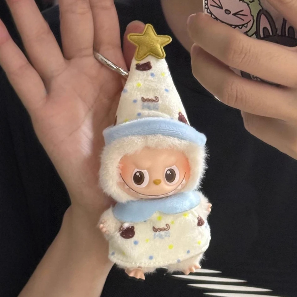 Para labubu 4.0 pinos para série amor mini pijamas roupas dos desenhos animados macacão com chapéu para mini labubu v4 boneca outfit acessórios
