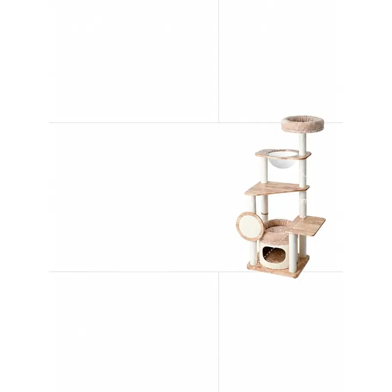 Solid Wood Cat Tree Climbing Frame with Nest Integrated Rubber Wood Pillar Tower for Cats Multi Level Activity Center