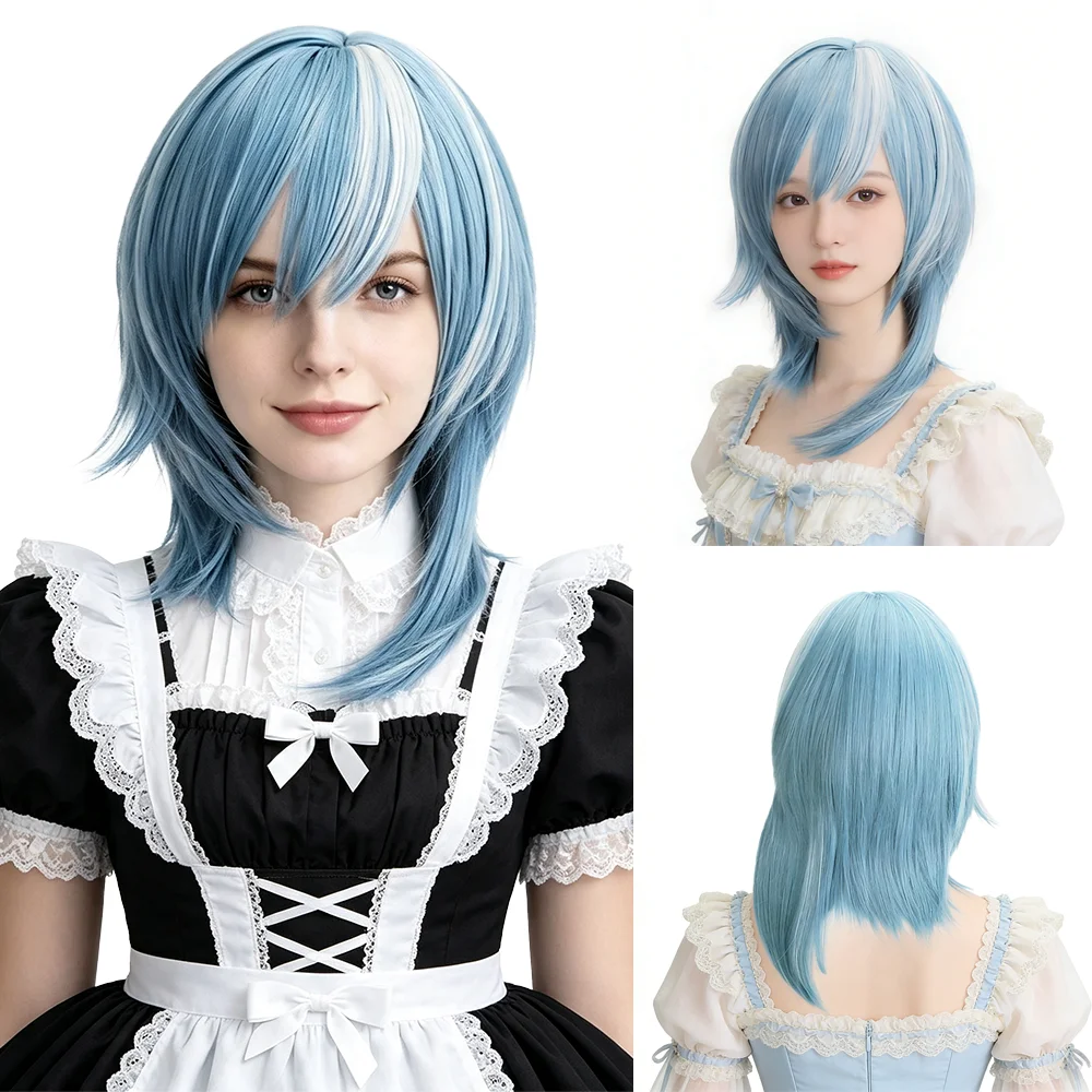 Eula Cosplay Wig Unisex Blue White Highlights Medium Long Wolf Tail Heat Resistant Synthetic Hair For Anime Halloween Party