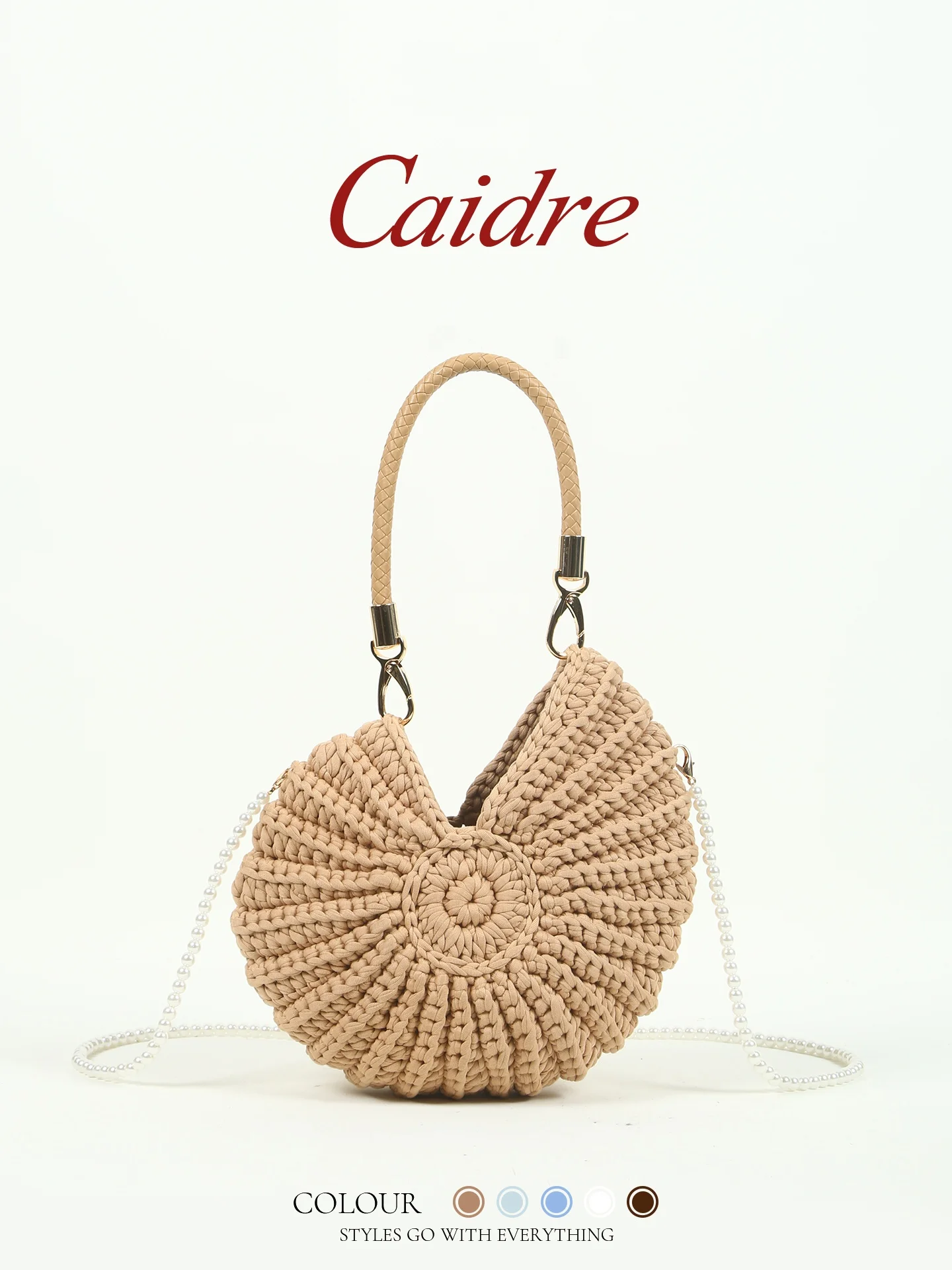 

CAIDRE Summer Vacation Beach Handbag Handwoven Pearl Chain Crossbody Bag Soft Fabric Youth Travel Underarm Bag