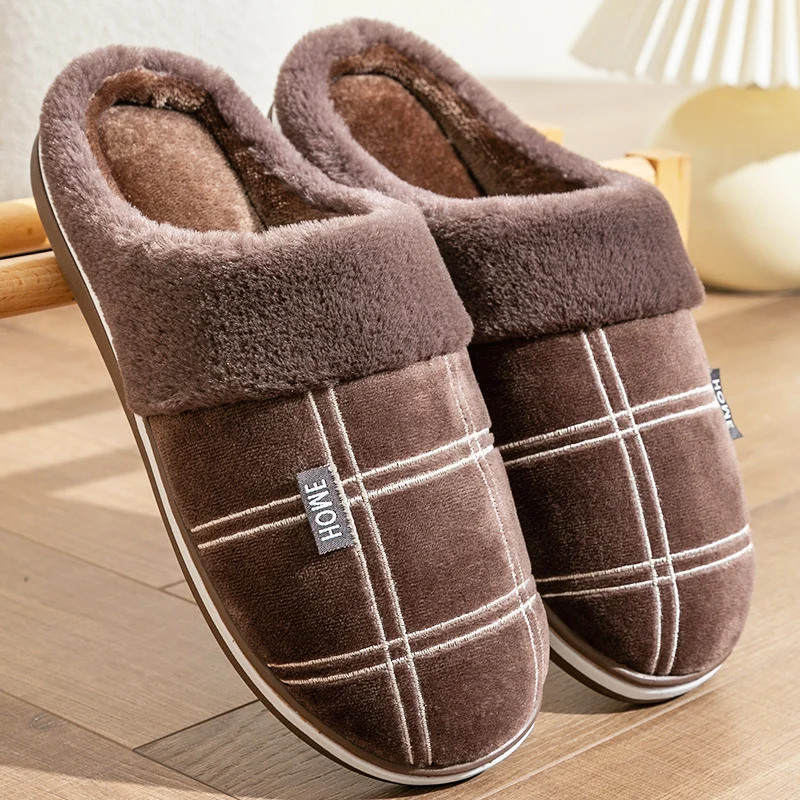 House slippers for men Plaid Warm Soft Comfortable Non Slip Living room Shoes Sturdy Sole Big Size 40-50