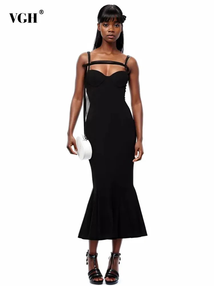 

VGH Solid Patchwork Lace Up Slimming Dresses For Women Square Collar Sleeveless High Waist Backless Long Dress Female Fashion