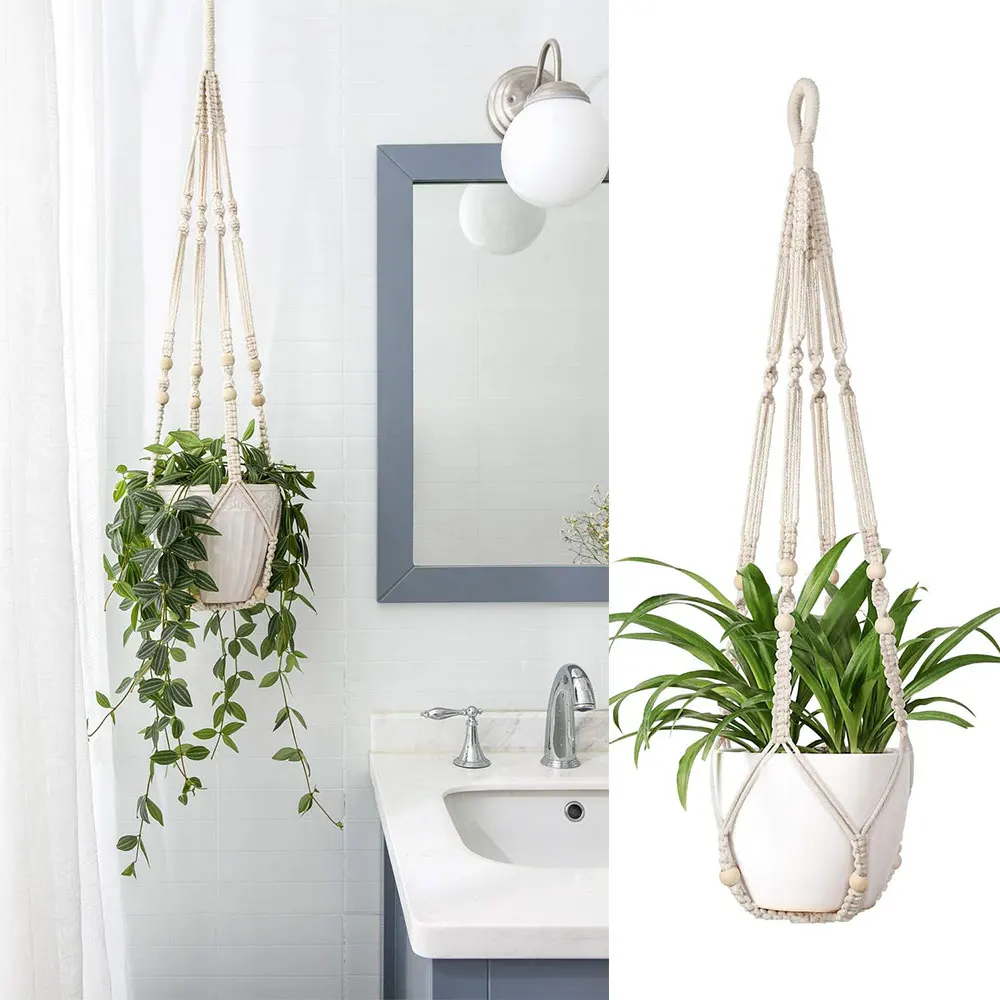 Bohemian Macrame Plant Hanger Cotton Rope Basket with Mesh Liner - Wall Mounted Vertical Garden for Succulents Balcony Supplies