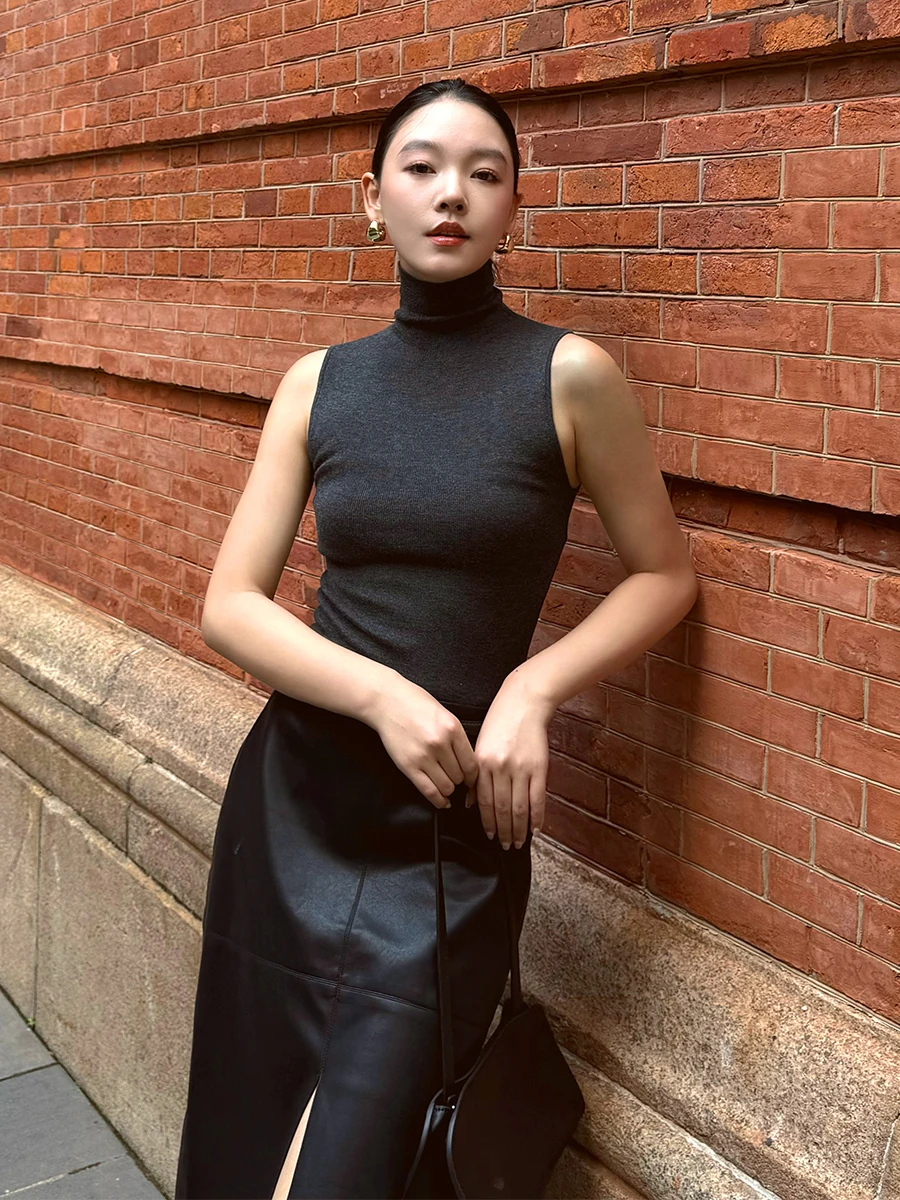 

High Collar Wool Knitted Vest Women's Autumn Wear ort Svel Top Soft Polyester Blend Comfortable Fit Faion Sle