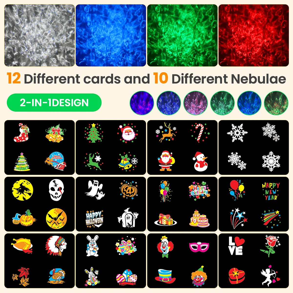 2-in-1 Holiday Lights Projector,Outdoor Effects(Patterns+Ocean Wave) with Timer, Halloween Christmas Lighting for Party Decor